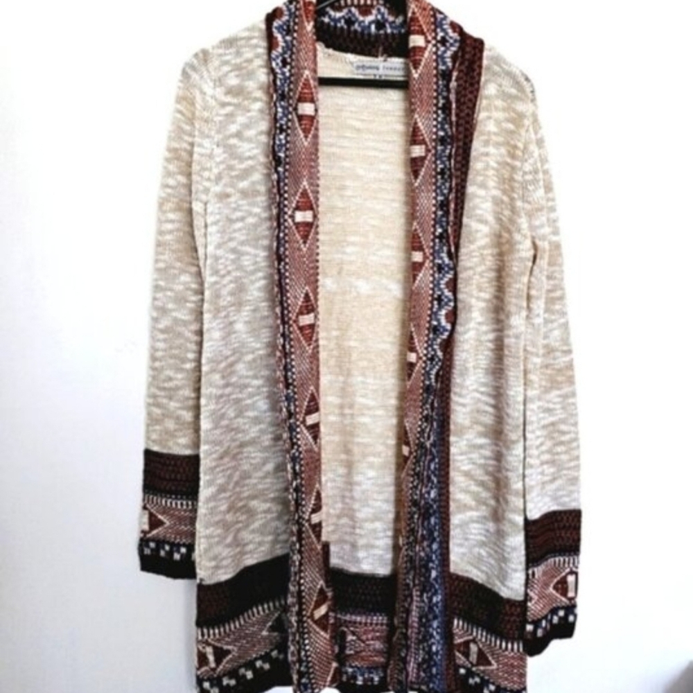 Absolutely Famous Medium Abstract Open Front Long Sleeve Knit Long Sweater